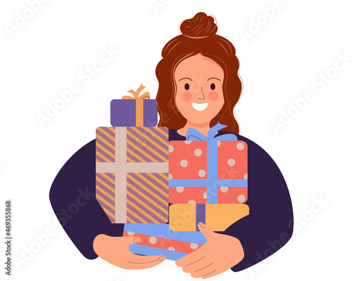 Cheerful woman carrying many gift boxes. A female character is holding a large birthday present in a holiday package. Cartoon flat vector illustration isolated on white background.