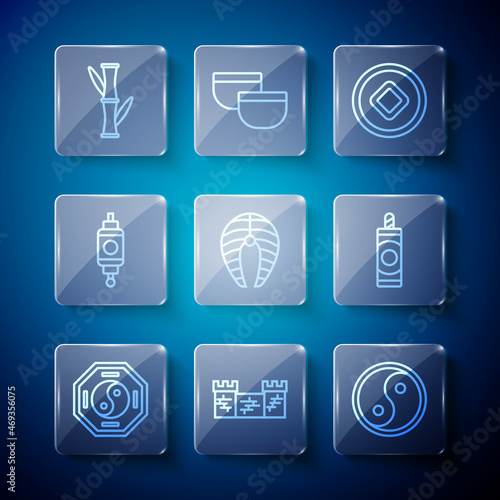 Set line Yin Yang, Great wall of China, Chinese Yuan currency, Fish steak, paper lantern, Bamboo and Firework icon. Vector