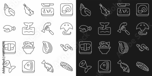 Set line Fish steak, Eel fish, Stingray, Cutting board and knife, Whale tail ocean wave, Lobster or crab claw, Scallop sea shell and Served on plate icon. Vector