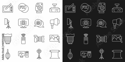 Set line Empty photo studio, Photo retouching, Softbox light, camera, Graphic tablet and icon. Vector
