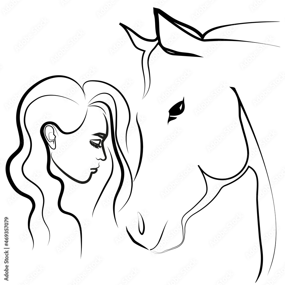 Minimalistic drawing of a girl with a horse without a background Minimalistic drawing of a girl with a horse without a background