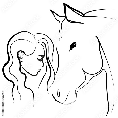 Minimalistic drawing of a girl with a horse without a background