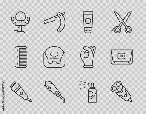 Set line Electrical hair clipper, razor blade, Cream cosmetic tube, Barbershop chair, Mustache and beard, Spray can for hairspray and Blade icon. Vector