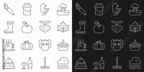 Set line Windy weather, Basket, Leaf or leaves, Little chick, Apple, Waterproof rubber boot, Umbrella and Beet icon. Vector
