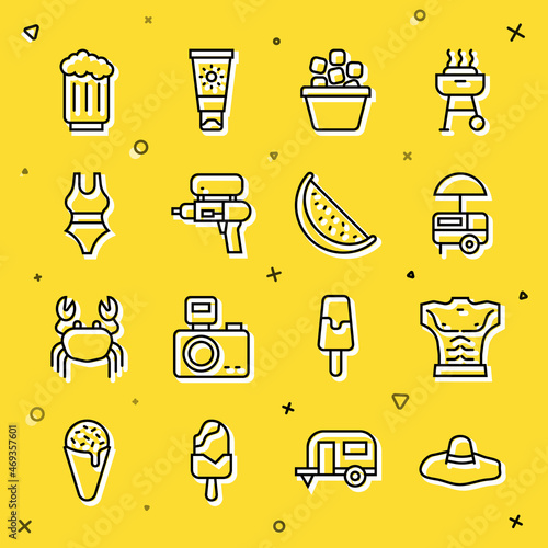 Set line Elegant women hat, Bodybuilder muscle, Fast street food cart, Ice bucket, Water gun, Swimsuit, Wooden beer mug and Watermelon icon. Vector