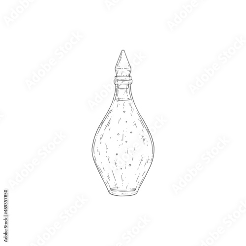 Antique glass bottle with fragrance vintage vector illustration. Medical essence or perfume linear hand drawn sketch.
