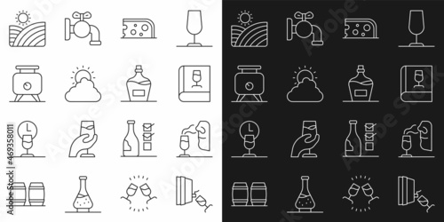 Set line Wine tasting, degustation, Sommelier, Book about wine, Cheese, Sun and cloud weather, Fermentation of grapes, Vineyard and Old bottle icon. Vector