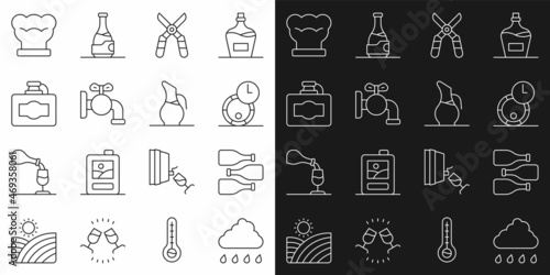 Set line Cloud with rain, Bottles of wine, Wooden barrel for, Gardening scissors, Tap, Cardboard box, Chef hat and Decanter icon. Vector
