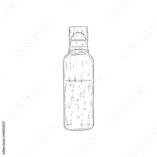 Glass roller bottle for essential oils vector sketch. Perfume inside plastic cosmetic container with ball on top.