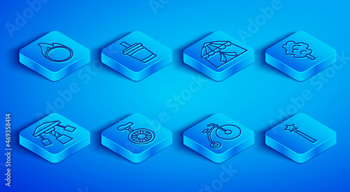 Set line Circus fire hoop, Paper glass with water, tent, Unicycle or one wheel bicycle, Vintage, Cotton candy, Attraction carousel and Magic wand icon. Vector