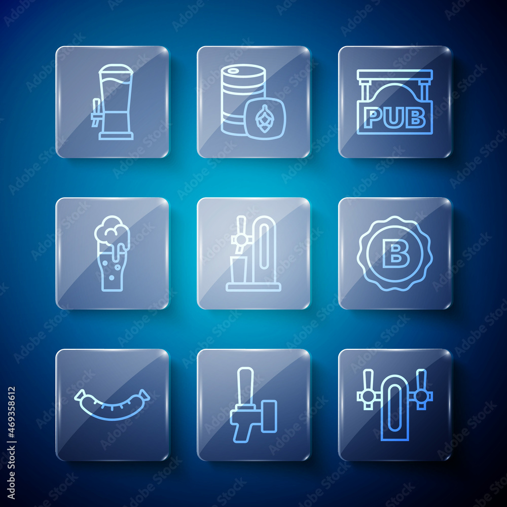 Set line Sausage, Beer tap, Street signboard with Pub, glass, Glass of beer, and Bottle cap icon. Vector Set line Sausage, Beer tap, Street signboard with Pub, glass, Glass of beer, and Bottle cap icon. Vector