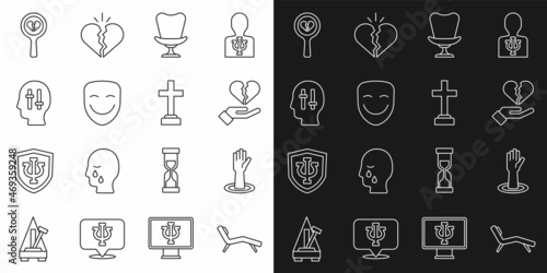 Set line Armchair, Helping hand, Broken heart or divorce, Comedy theatrical mask, Solution to problem, and Graves funeral sorrow icon. Vector