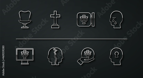 Set line Armchair, Psychologist online, Man graves funeral sorrow, Psychology, Psi, Bipolar disorder, Graves, Solution to the problem and icon. Vector