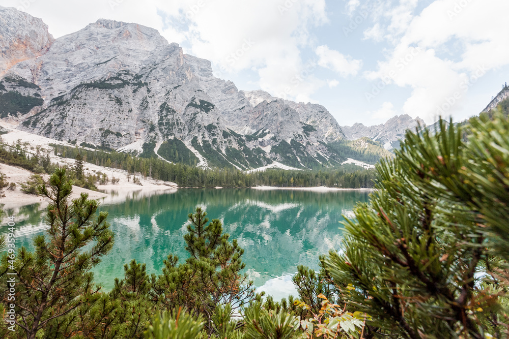 Panorama from the top of Lake Braies in summer time, Trentino, Italy