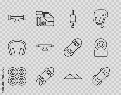 Set line Skateboard wheel, Screwdriver, Longboard or skateboard, park and icon. Vector