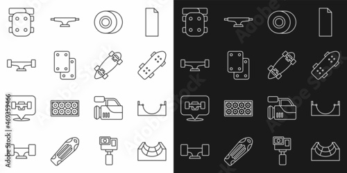 Set line Skate park, Skateboard, wheel, Knee pads, and Longboard or skateboard icon. Vector