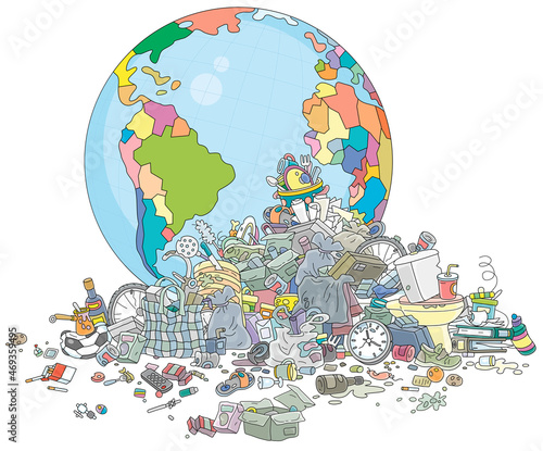 Global recycling day. Earth in a large messy dump of household garbage and waste, vector cartoon illustration isolated on a white background