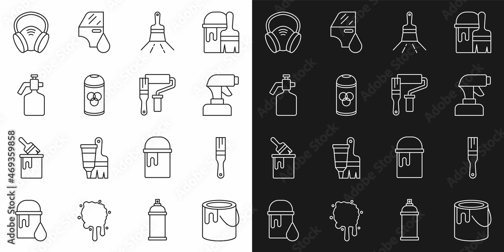 Set line Paint bucket, brush, spray gun, can, Gas mask and roller icon. Vector Set line Paint bucket, brush, spray gun, can, Gas mask and roller icon. Vector