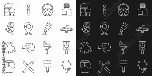 Set line Paint spray, Spray can nozzle cap, gun, Gas mask, Car painting, bucket with brush and Tube palette icon. Vector