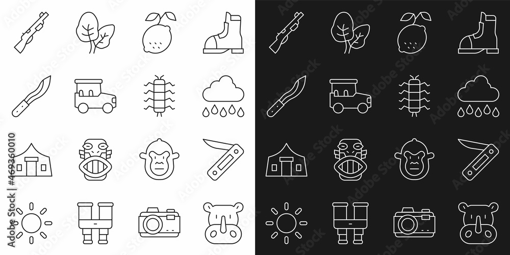 Set line Rhinoceros, Swiss army knife, Cloud with rain, Lemon, Safari car, Machete, Hunting gun and Centipede insect icon. Vector