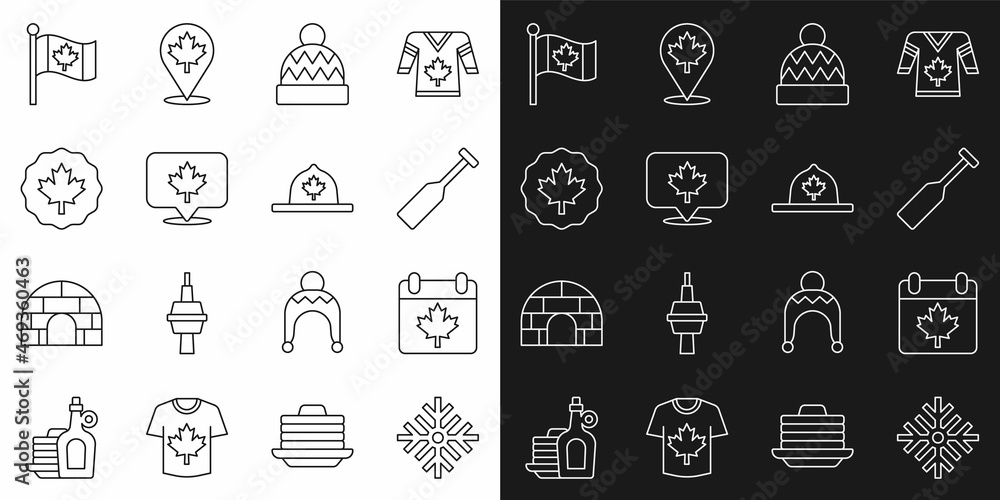 Set line Snowflake, Canada day with maple leaf, Paddle, Beanie hat, Canadian, Flag of and ranger icon. Vector