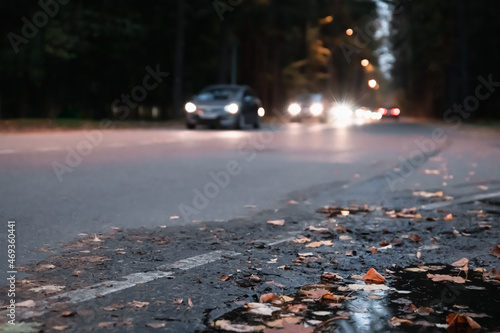 Bottom view of yellowed leaves in a puddle on the blurred background of a passing line of cars along the road. Night lights of headlights and lanterns.