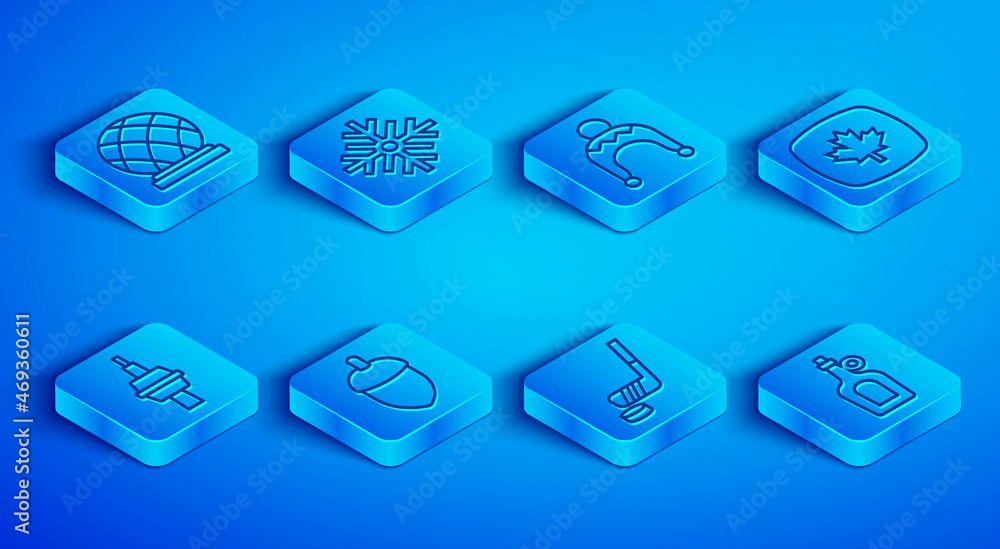 Set line Montreal Biosphere, Snowflake, Winter hat, Acorn, Ice hockey stick and puck, Canadian maple leaf, TV CN Tower Toronto and Bottle of syrup icon. Vector Set line Montreal Biosphere, Snowflake, Winter hat, Acorn, Ice hockey stick and puck, Canadian maple leaf, TV CN Tower Toronto and Bottle of syrup icon. Vector