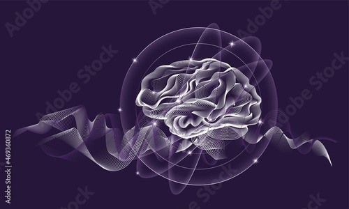 Dynamic linear abstract illustration of a brain in space. White lines on dark purple background. Vector digital drawing. Mental concept