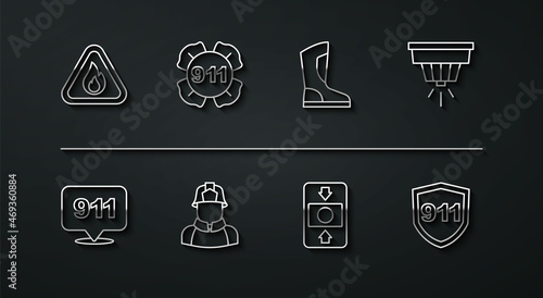 Set line Fire flame in triangle, Emergency call 911, Smoke alarm system, Firefighter, and boots icon. Vector