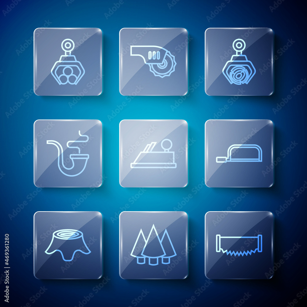 Set line Tree stump, Christmas tree, Two-handed saw, Grapple crane grabbed log, Wood plane tool, Smoking pipe, and Hacksaw icon. Vector Set line Tree stump, Christmas tree, Two-handed saw, Grapple crane grabbed log, Wood plane tool, Smoking pipe, and Hacksaw icon. Vector