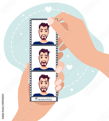 Hands hold photographs with the emotions of a man. Remembered from the past. Vector illustration.