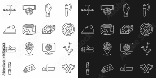 Set line Wooden axe, Metallic nails, logs, Protective gloves, Tree stump, plane tool, and beam icon. Vector