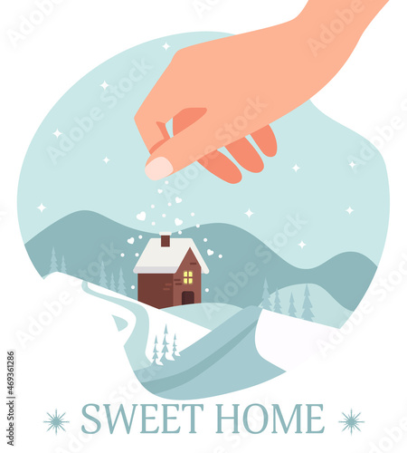 Winter landscape with a house and Christmas trees. Hand sprinkles the house with snow and hearts. Vector illustration.