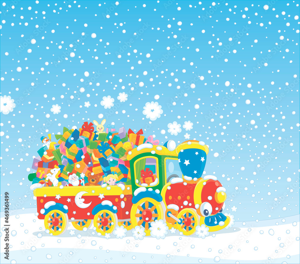 Winter background with a cute toy train with steam locomotive pulling a carriage of Christmas gifts for children, vector cartoon illustration Winter background with a cute toy train with steam locomotive pulling a carriage of Christmas gifts for children, vector cartoon illustration