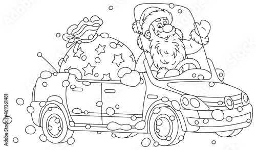 Santa Claus friendly smiling, waving his hand in greeting and driving a beautiful toy car with a big bag of Christmas gifts for children, black and white vector cartoon for a coloring book page