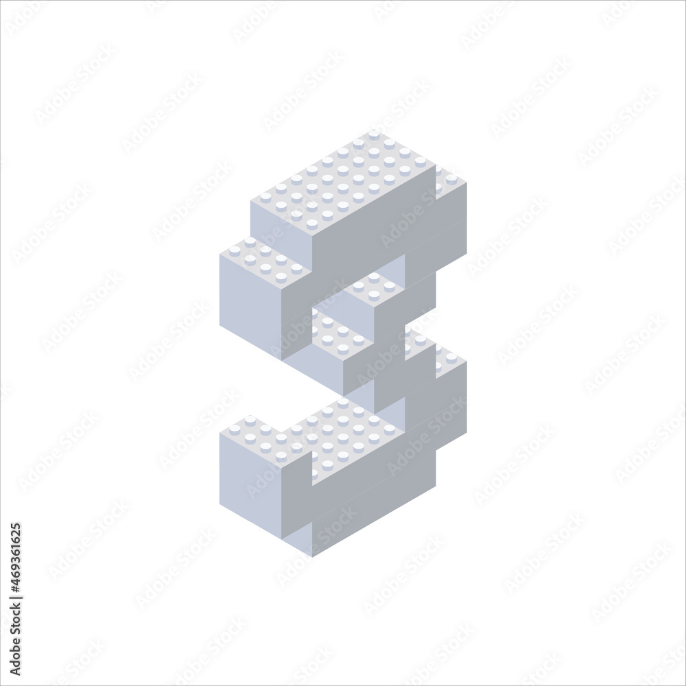 Isometric letter 3 in gray on a white background collected from plastic blocks. Vector illustration.