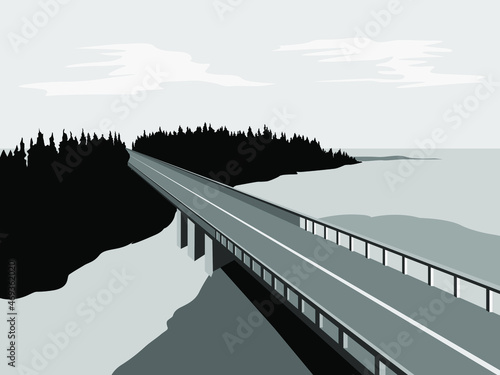 illustration depicting a road and a bridge over a river in black and white for the design of banners, posters and interiors