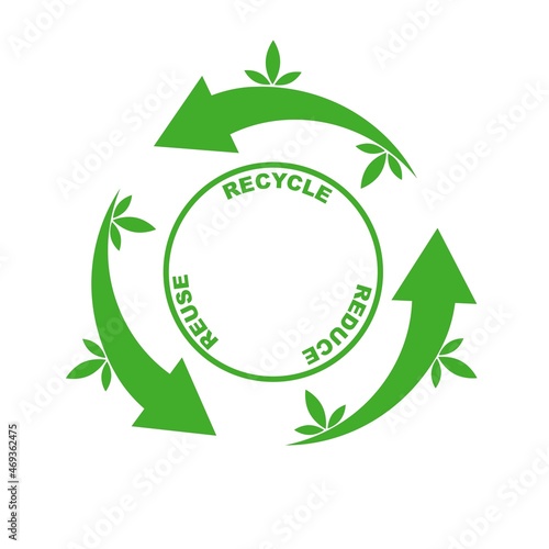 Garbage recycling logo. Vector recycling arrows with the small green leafs. Reuse Reduce Recycle. Conscious consumption.reuse waste cycle concept. Flat design for ecology campaign.