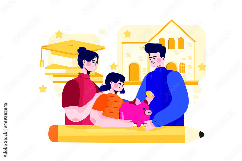 Family saving money for future needs Illustration concept. Flat illustration isolated on white background. Family saving money for future needs Illustration concept. Flat illustration isolated on white background.