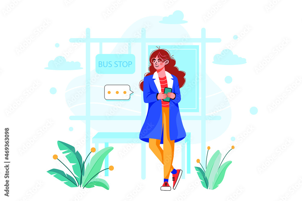 Girl waiting for the bus Illustration concept. Flat illustration isolated on white background. Girl waiting for the bus Illustration concept. Flat illustration isolated on white background.