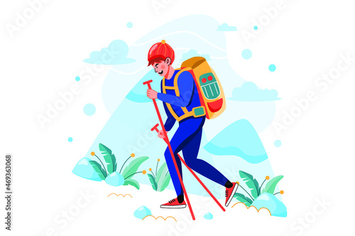 Male trekker with trekking bag Illustration concept. Flat illustration isolated on white background.