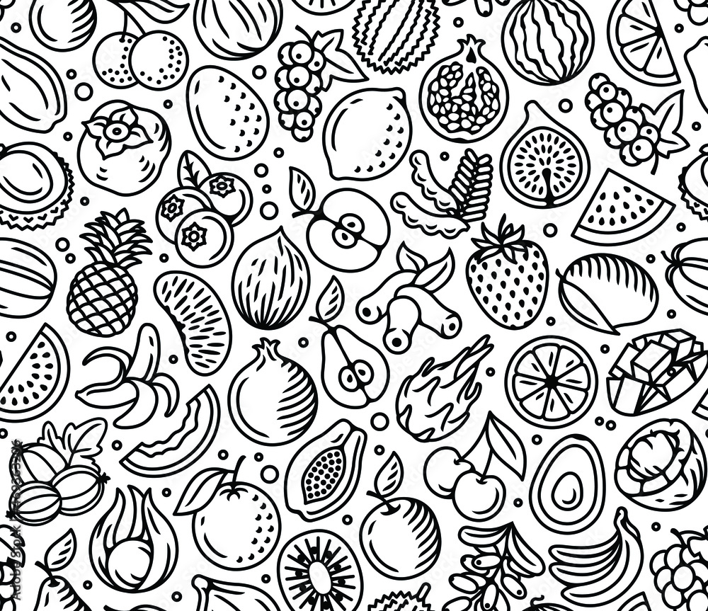 Fruits, exotic fruits and berries seamless pattern. Vector endless black on white background. Vintage engraving style. Perfect for restaurants, cafe, bars and food courts or any web and app projects. Fruits, exotic fruits and berries seamless pattern. Vector endless black on white background. Vintage engraving style. Perfect for restaurants, cafe, bars and food courts or any web and app projects.