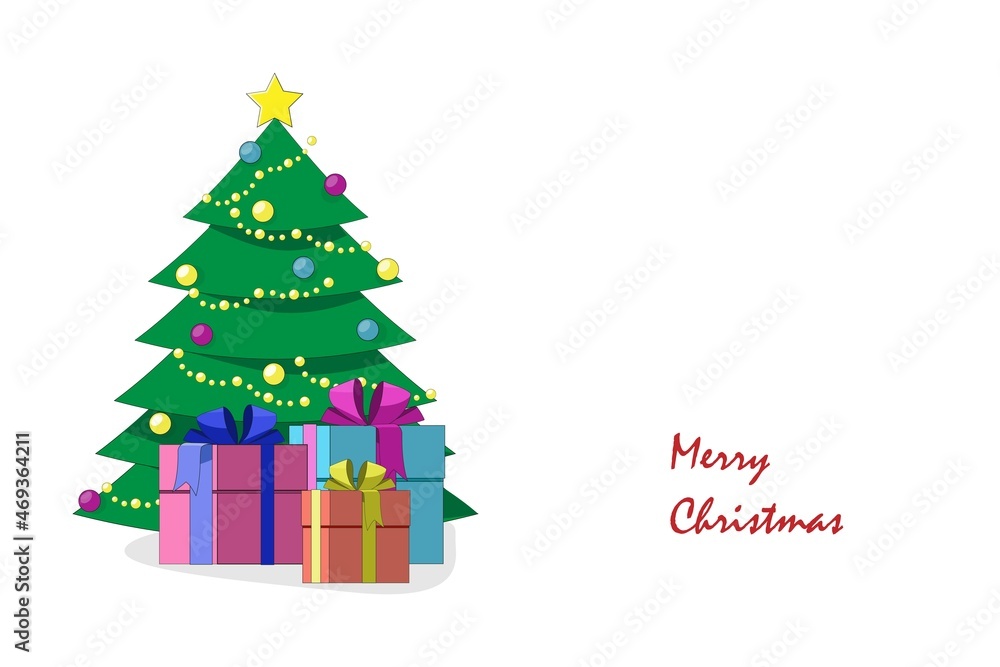 Decorated Christmas tree with gift boxes. Merry Christmas and and happy new year. Cartoon style vector illustration. Decorated Christmas tree with gift boxes. Merry Christmas and and happy new year. Cartoon style vector illustration.