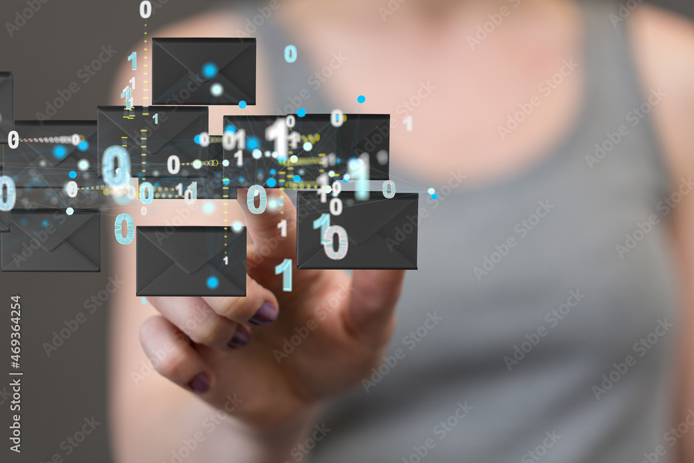 touching 3D rendering flying email icon with his fin touching 3D rendering flying email icon with his fin