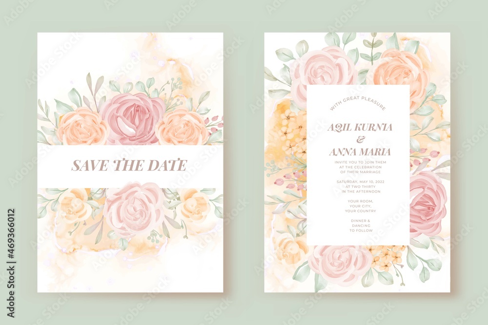 Elegant Wedding Invitation Set Rose Flower Template