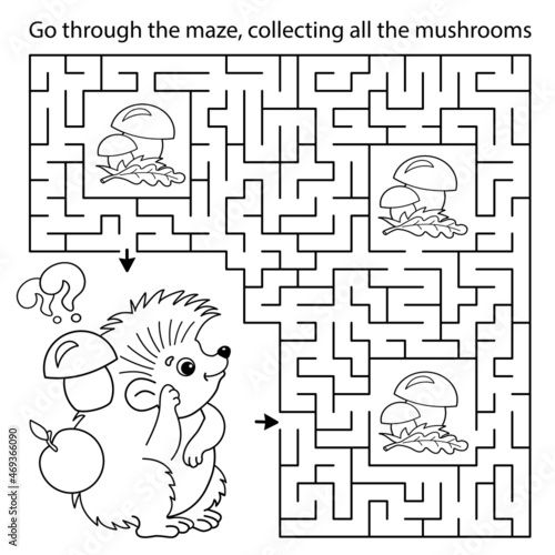 Maze or Labyrinth Game. Puzzle. Coloring Page Outline Of cartoon little hedgehog with basket of mushrooms. Coloring book for kids.