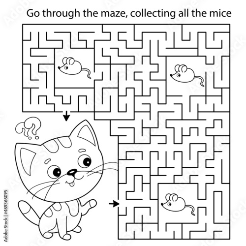 Maze or Labyrinth Game. Puzzle. Coloring Page Outline Of cartoon little cat with mouse. Coloring book for kids.