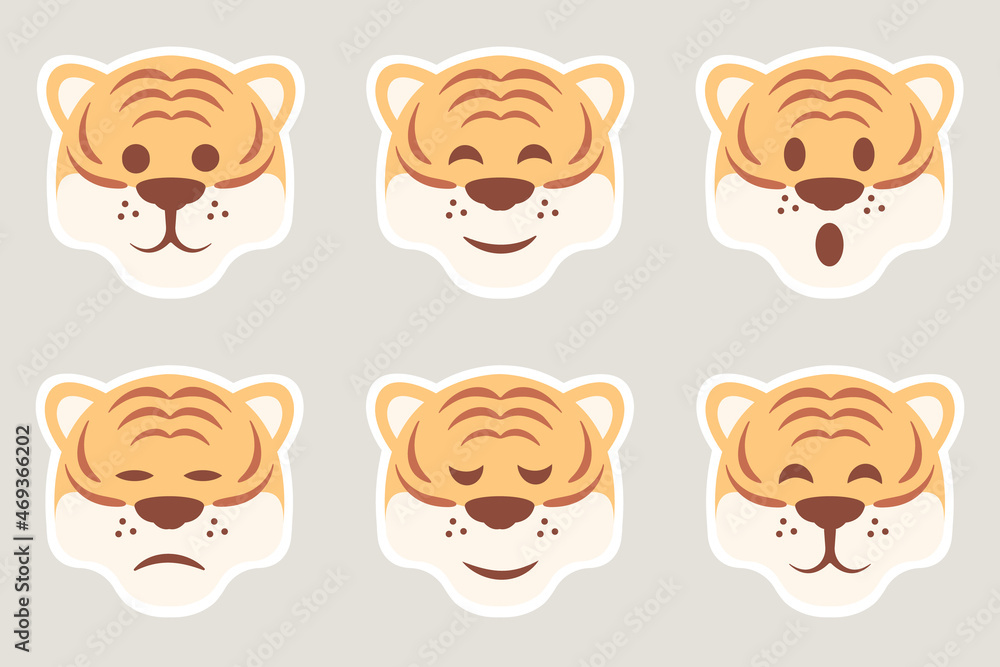 Set of flat vector stickers of tiger. Tiger's head with different emotions. Symbol of New Year 2022. Set of flat vector stickers of tiger. Tiger's head with different emotions. Symbol of New Year 2022.