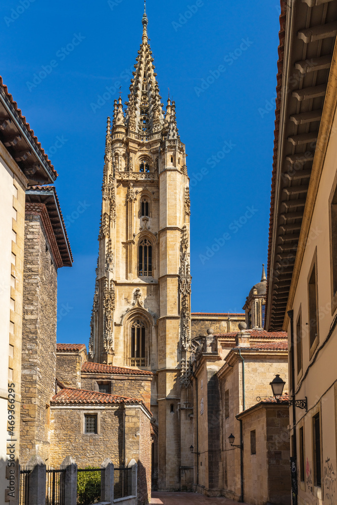 View of the tower of the Cathedral of Oviedo, Uvieu, in Asturias. 