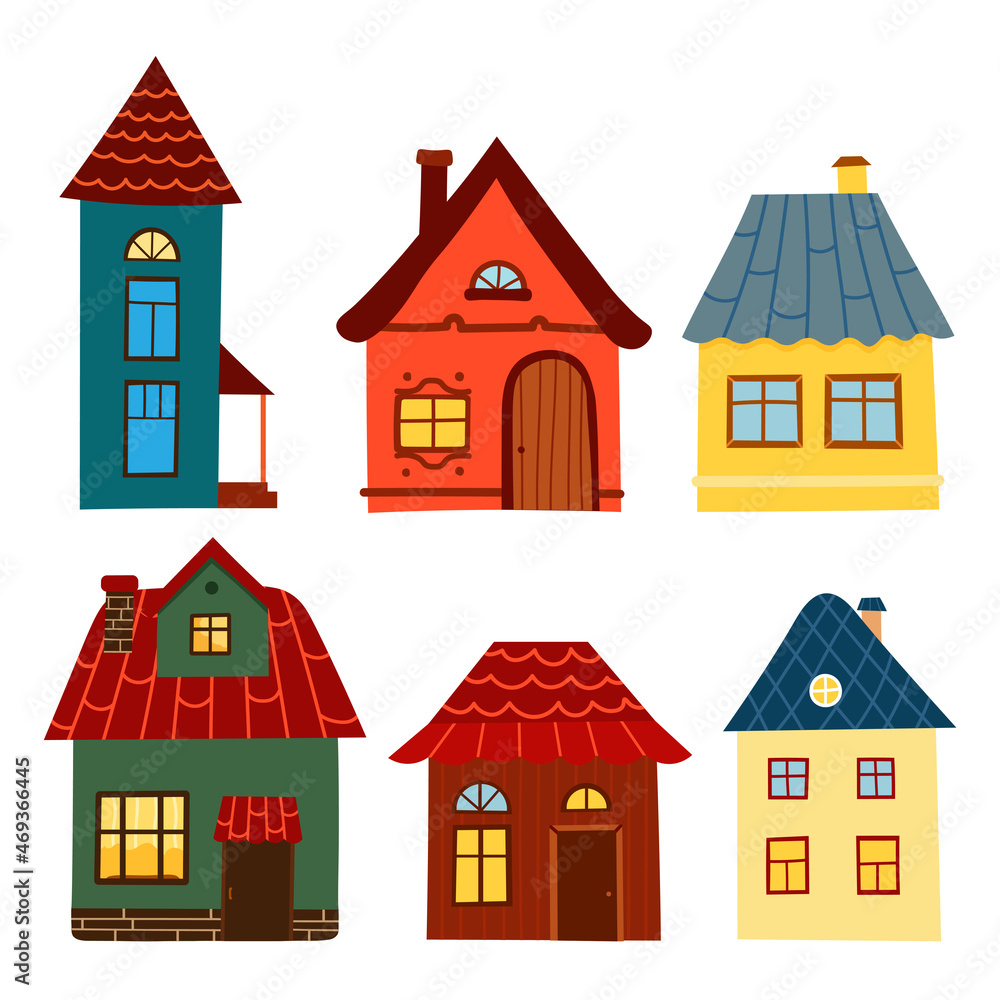 Set of cartoon cozy houses Set of cartoon cozy houses
